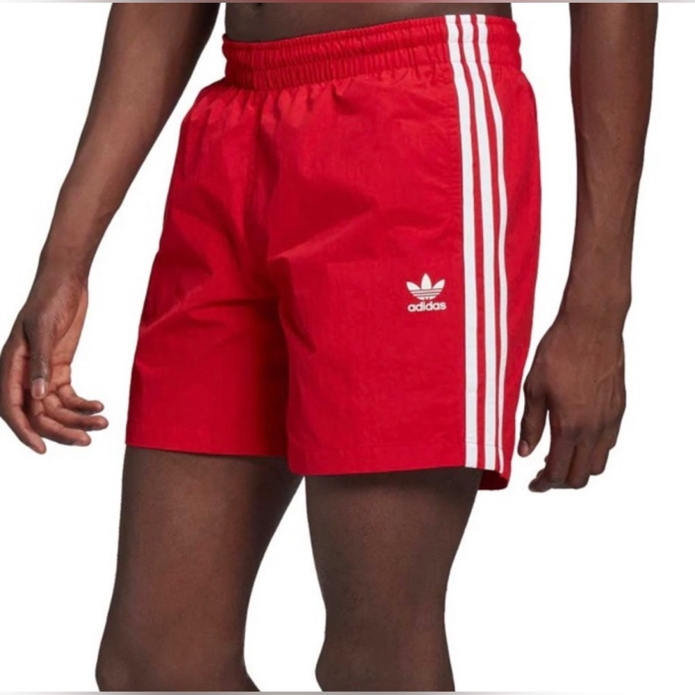 Adidas Men’s Red Swim Shorts with White Stripes Medium